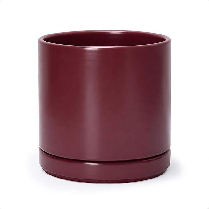 D'vine Dev 8 Inch Ceramic Planter Pot with Drainage Hole and Saucer, Indoor Cylinder Round Planter Pot, Cordovan, 94-O-D-4