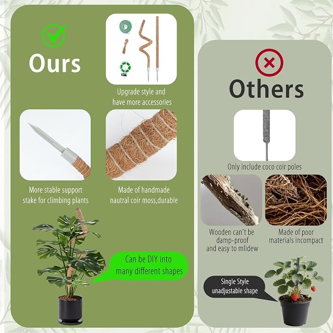 2 Pack Moss Pole, 63 Inch Monstera Plant Support, Moss Poles for Climbing Indoor Plants, Bendable Coco Coir Plant Support Stakes for Potted Plants, Pothos, Philodendron