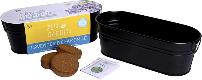 Buzzy Seeds Chamomile & Lavender Wellness Grow Kit - Metal Windowsill Planter - Complete Indoor/Outdoor Gardening Kit with Seeds, Coconut Husk Growing Medium & Genuine Pots - 100% Grow Guarantee