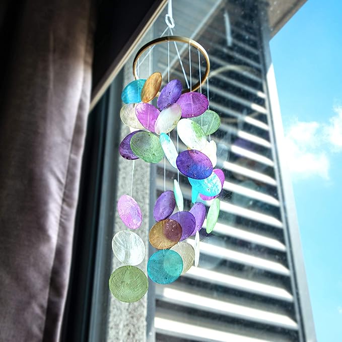 YUFENG Wind Chimes Outdoor Decor, Metal Memorial Windchimes Hanging Decoration for Garden Home Yard and Christmas Tree, 19.6''Rainbow Capiz Seashell Handmade Painted Coastal Mobile