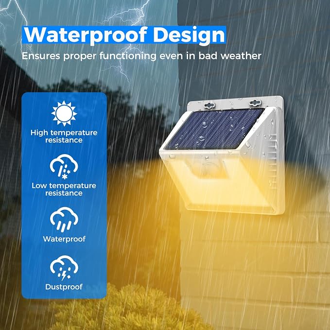 Peasur Solar Lights Outdoor Motion Sensor Waterproof, 4Pack 140LED White Solar Powered Fence Lights, 3 Modes Security Wall Lights for Garden Yard Outside Warm