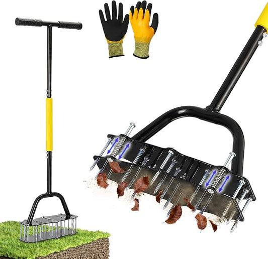 Manual Lawn Aerator Tool, Automatic Dirt Clean Lawn Aerator with 17 Spikes and Extended T-Handle, Easy-to-Assemble Aerator Lawn Tool with Gloves, Yard and Grass Aerator for Soil Loosening