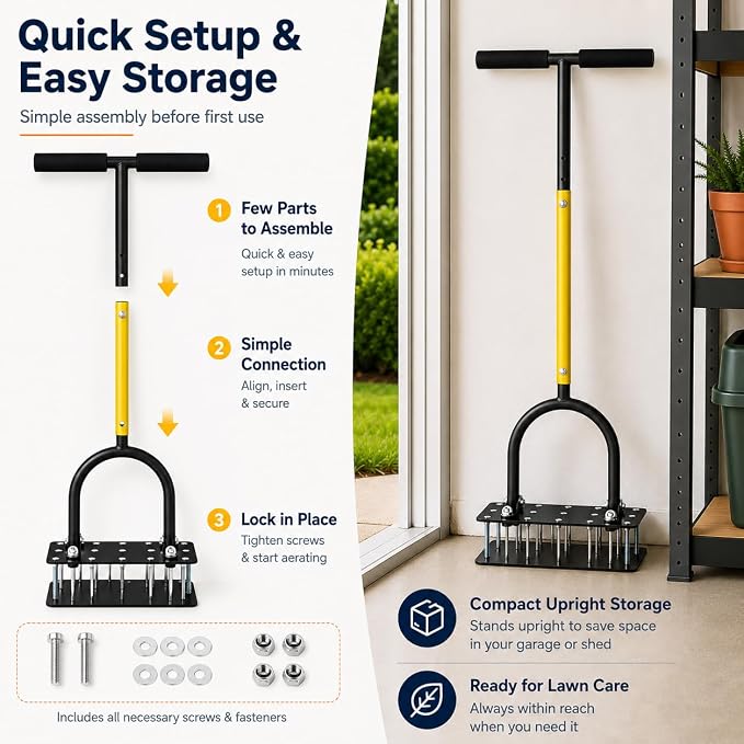 Manual Lawn Aerator Tool with 15 Spikes, 32"-35" Adjustable T-Handle,15-Spike Grass Aerator for Yard Care