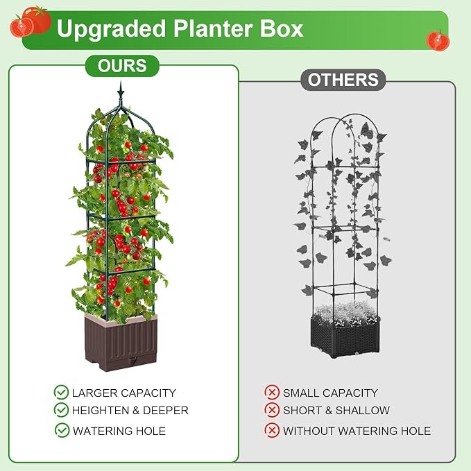 Raised Garden Bed Planter Boxes with Trellis,1pcs 70.9" Self-Watering Tomato Planter Boxes with Trellis for Climbing Vegetables Plants Flowers Tomato,Use for Indoor Outdoor (Brown)