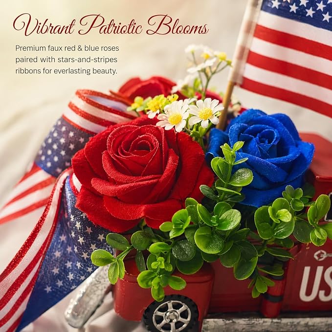 4th of July Patriotic Metal Truck Decor, Vintage Farmhouse Pickup Truck Table Centerpiece, Red White Blue Independence Day Decor for Home Dining Table Mantel Shelf Indoor Party Ornaments