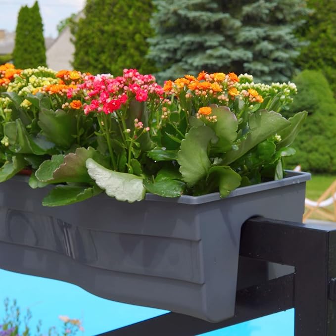 Ridge Rail Long Rectangular Flower Pot, Indoor/Outdoor Hanging Rail Planter Lightweight & Weatherproof Flower Box - Balcony Planters for Railing and Fence Patio, Deck 2 Pack (Grey)