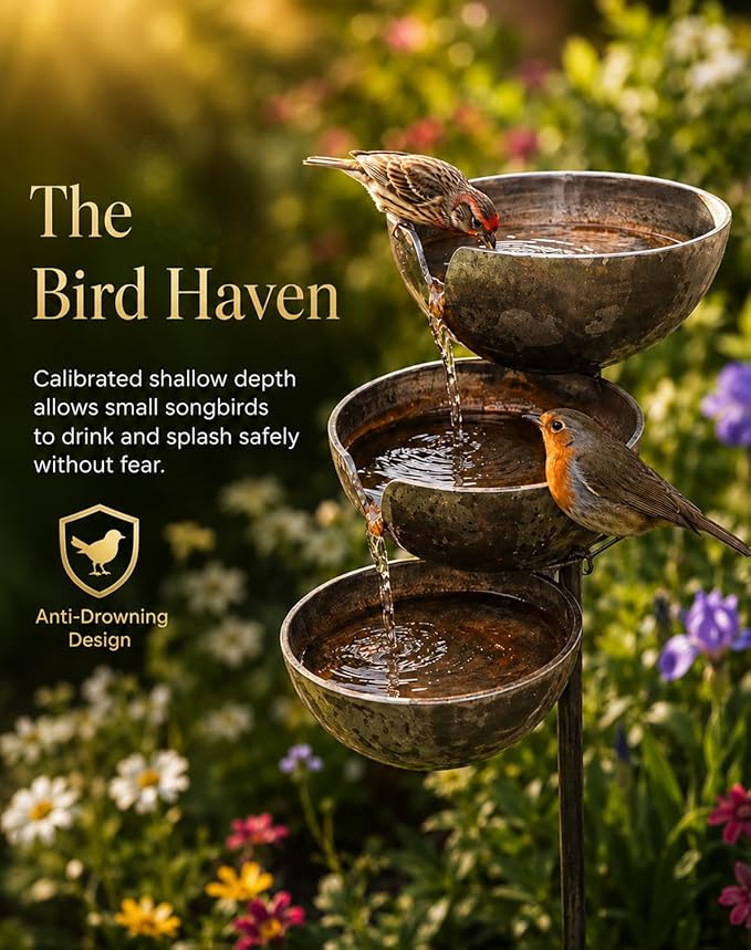 Rain Catcher Bird Bath & Multi-Tiered Water Feature, Rustic Metal Garden Stake, Safe Shallow Bee-Friendly Hydration Bowls, Weather-Resistant Outdoor Bird Bath for Yards, Lawns, Gardens，Copper