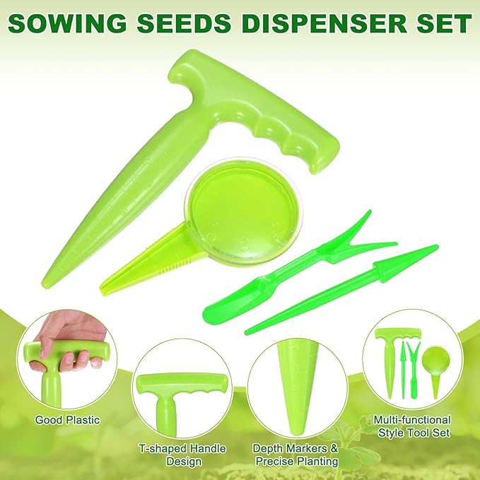 M METERXITY 1-Set Sowing Seeds Dispenser, Plastic Adjustable Hand Planter Seeder Tool Seedlings Dibber and Widger for Transplanting/Flower Planting, Small Gardening Tools [Dark Green]