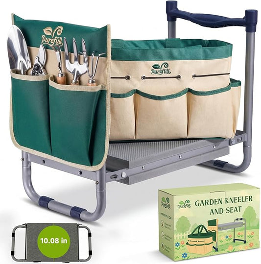 2-in-1 Garden Kneeler and WorkSeats Heavy Duty, Foldable Garden Bench with Wider & Thicker EVA Pad, Portable Gardening Stool with Exclusive Tool Handbag & Color Box, Garden Gifts for Senior