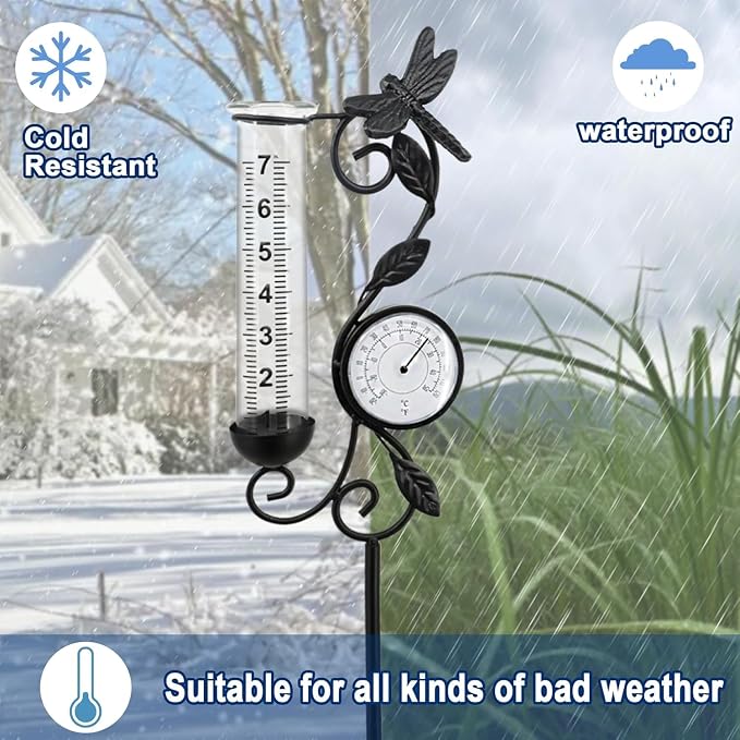 Rain Gauge Outdoor, Black Dragonfly Rain Gauge with Thermometer for Measuring Precipitation, Garden Decoration,Yard Garden Patio Lawn (Black Dragonfly)