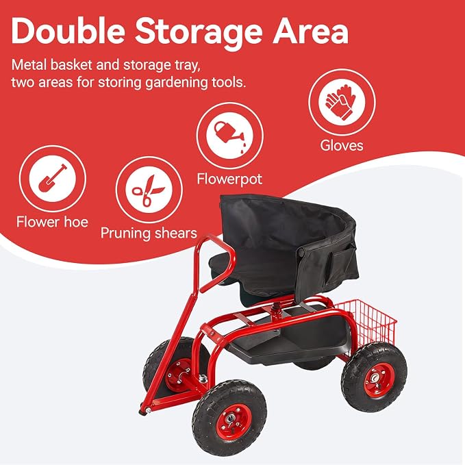 Rolling Garden Cart - Outdoor Workseat with Seat Cushions and Wheels, Heavy Duty Garden Tool Cart with Storage Bracket and Tool Tray for Yard, Planting Gardening Work (Red)