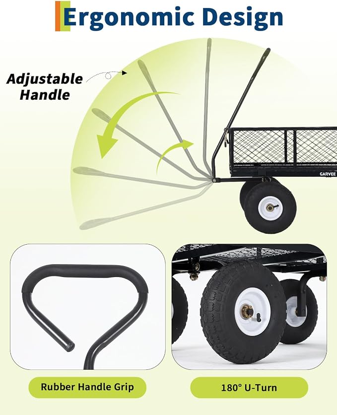 Garvee Versatile Outdoor Utility Cart - 800LBS Heavy-Duty, 10" All-Terrain Pneumatic Tires, Easy Maneuverable Lawn Cart with Removable Mesh Panels for Gardening & Landscaping, Black