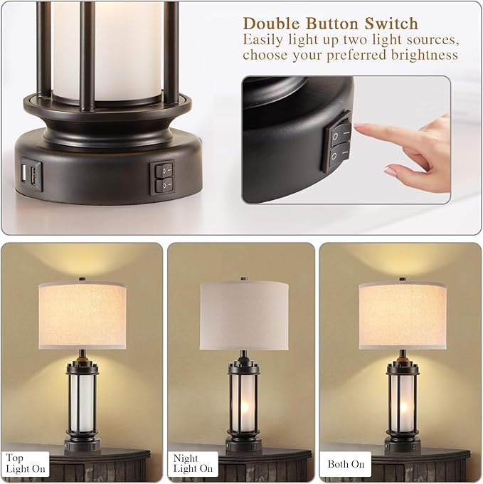 AIEAMPDO 25'' Set of 2 Modern Table Lamps for Bedroom with 2 USB C+A Ports | Black Retro Industrial Metal Lamp with Glass Nightlight Desk Lamp for Living Room Bedside End Table Office, 4 Bulbs Included