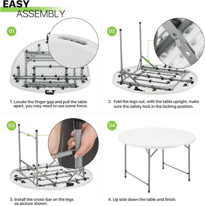 Magshion 48" Round Folding Table, 4 Feet Bi-Folding Plastic Commercial Dining Card Table w/Carrying Handle for Outdoor Wedding Party Event Picnic, White