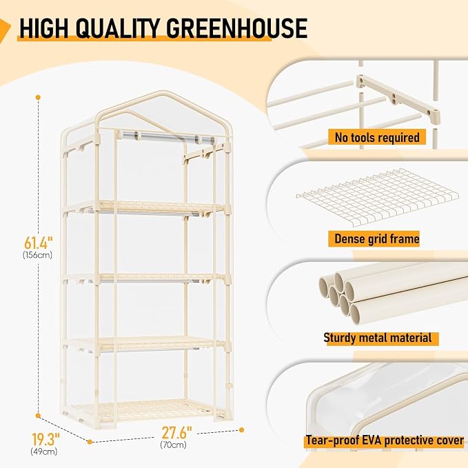 SPECILITE Indoor Greenhouse with Grow Lights - Adjustable 4 Tiers 27.6"L×19.3"W×61.4"H Mini Greenhouse with Zip PVC Cover and 45W Plant Light, Portable Green House with Timer for Winter &Indoor Plants