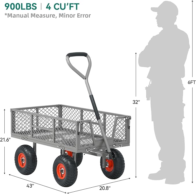 Heavy Duty 900 lbs Capacity Garden Cart Wagon with 10" Pneumatic Tires & Removable Mesh Sides - 180° Rotating Handle, 4 Cu.Ft Utility Wagon for Yard, Garden, Hauling, All Terrain Outdoor Use