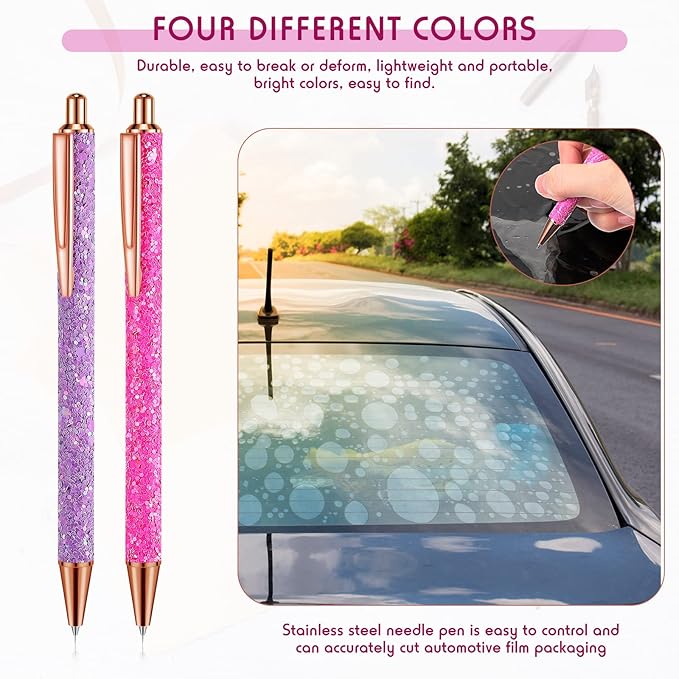 Epakh 2 Pieces Weeding Pen Vinyl Pen Pin Weeding Tool Fine Point Glitter Metal Vinyl Air Release or Car Puncturing Installation Retractable Craft Tool for DIY(Purple, Rose)