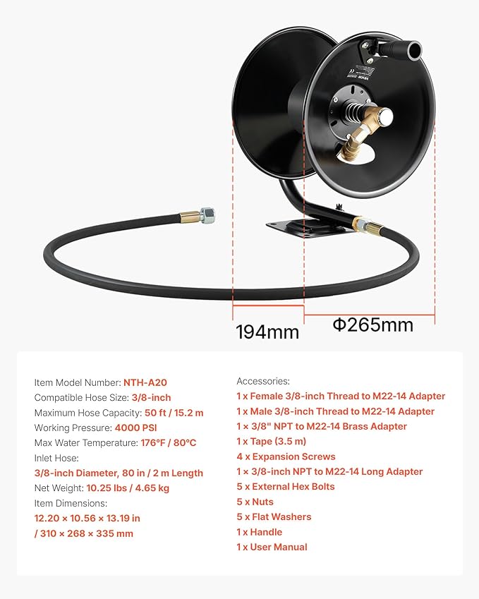 VEVOR Pressure Washer Hose Reel, 50 ft x 3/8 inch Heavy-Duty Steel Bracket-Mounted Pressure Hose Reel, Wall/Floor/Truck Mount, 4000PSI Max, Manual Power Hand Crank for Car/Floor Washing,Garden