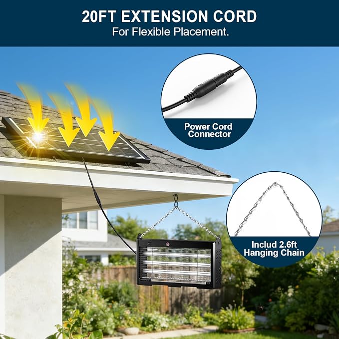 18W Solar Bug Zapper Outdoor | 9600mAh, 365–395nm UV, Dusk-Dawn Sensor, IPX5 Waterproof, 20ft Cord, Indoor & Outdoor for Home, Patio, Garden, Deck, Camping