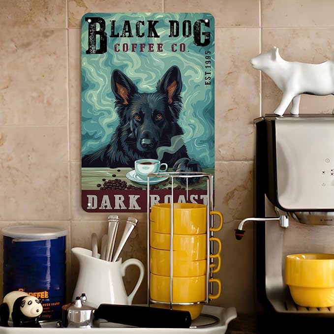 Metal German Shepherd Tin Sign Black German Shepherd Dark Roast Vintage Sign for Cafe Wall Art Home Bar Decor 8x12Inch
