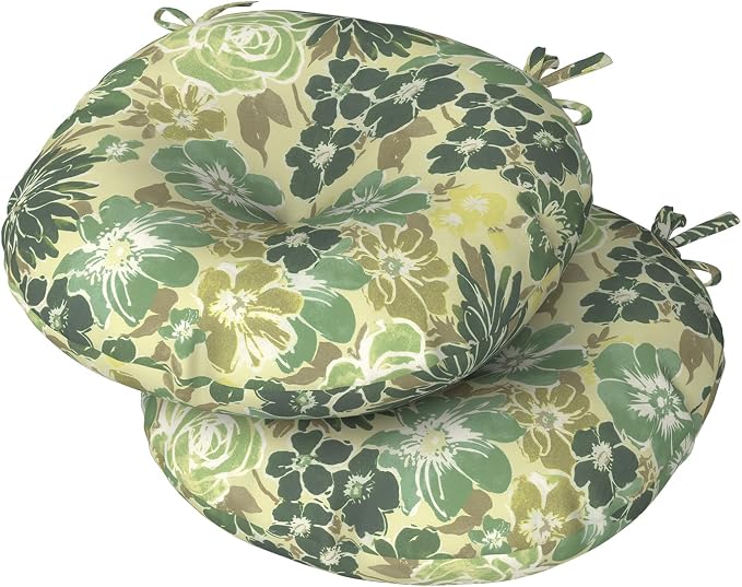 DYTXIII Set of 2 Outdoor Round Chair Cushions 15"x15"x4" with Ties, Water Repellent Tufted Bistro Seat Cushions, Thick Patio Chair Pads for Bar Stool, Garden & Dining Furniture - Green Rose