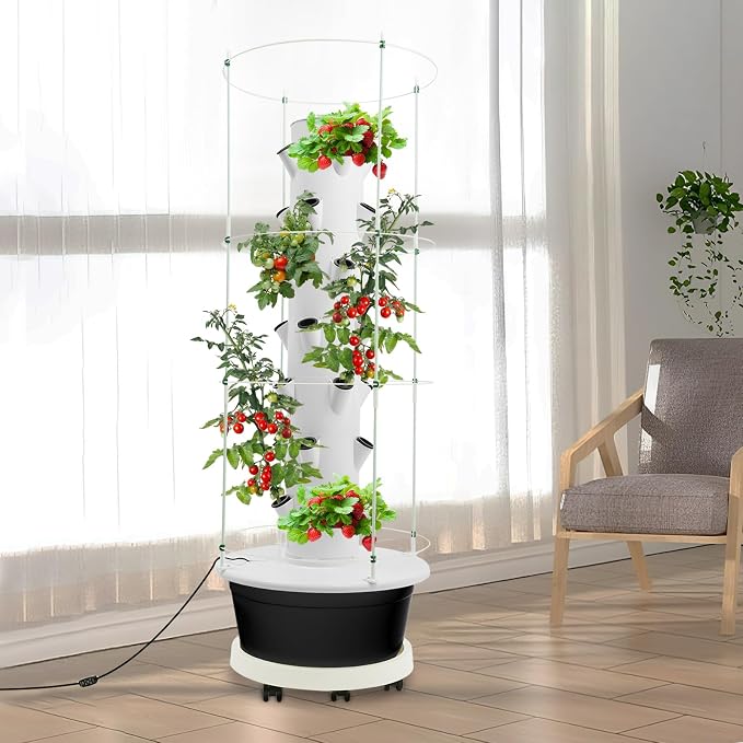 Hydroponics Growing System, 28-Plants Indoor Hydroponic Tower with Pump System, Timer, Climbing Trellis, Vertical Garden Planter with Wheels, Hydroponic Germination Kit for Gardening Lover