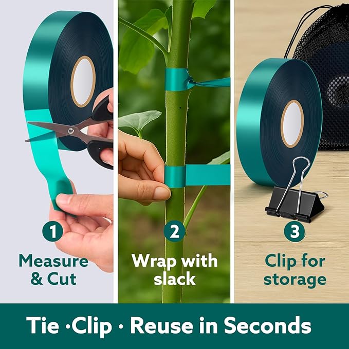 Plant Tie Tape, 1 in x 197 ft Stretchable Green Garden Tape for Plants, Soft Non-Adhesive PVC Plant Ties for Tomatoes, Grapes, Vines, Trees, Branches & Climbing Plants, 2 Rolls