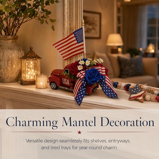 4th of July Patriotic Metal Truck Decor, Vintage Farmhouse Pickup Truck Table Centerpiece, Red White Blue Independence Day Decor for Home Dining Table Mantel Shelf Indoor Party Ornaments