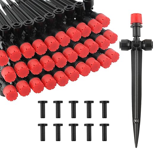 Kalolary 30 Pcs Drip Irrigation Emitters, Adjustable Water Drippers Emitters for 1/4" Tubing, Push-to-Fit Drip Emitters with Stake, Irrigation Dripper Sprinkler for Drip Irrigation System(Red)