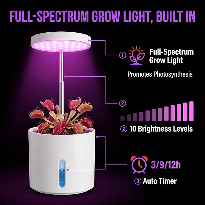 Self-Watering Planter with Grow Light, Smart Indoor Pot for Venus Fly Trap, Carnivorous Plants, African Violet, Cat Grass, Catnip & Herbs, 2-in-1 Wall + Desktop, USB 5W Full Spectrum LED