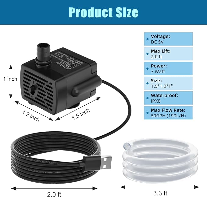 DaToo DC 5V USB Water Pump For Fish Tank 3W Mini Submersible Water Pump With Tubing And Flow Adjustment Function Small Fountain Pump For Pet Fountain Aquarium Hydroponics Desktop Fountain 190L/H