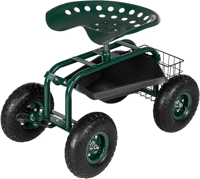 Rolling Garden Work Seat with Wheels, Gardening Stool for Planting, 360 Degree Swivel Seat, Garden Scooter with Steering Handle & Tool Tray, Garden Chair for Outdoor, Patio and Yard,Green