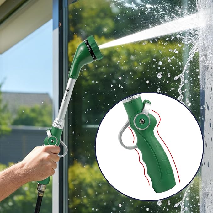 HugeDawn Garden Hose Wand, 16-Inch Heavy Duty Zinc Alloy & Aluminum Watering Wand with 8 Spray Patterns Thumb Control for Hanging Baskets, Garden, Cleaning (Green)