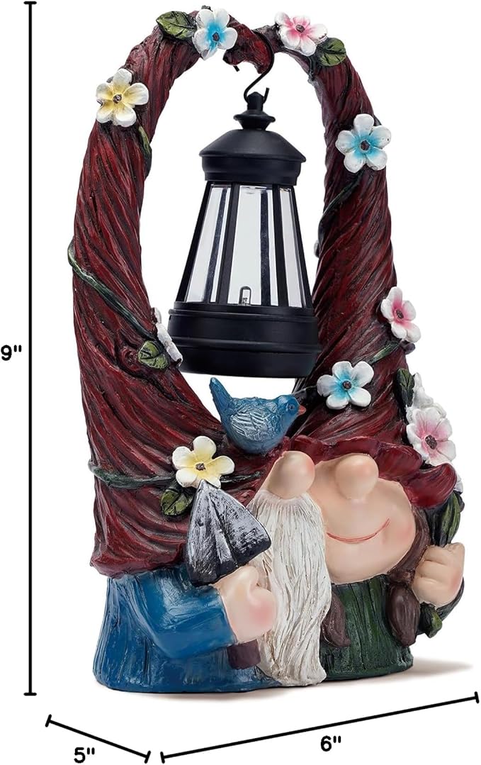 Joint Honglin Solar Garden Gnome Statue with Hanging Lantern - Dual Gnome Couple Figurine with Flower Arch, Waterproof Resin Yard Art Decor for Patio, Lawn, Porch, Whimsical Gardening