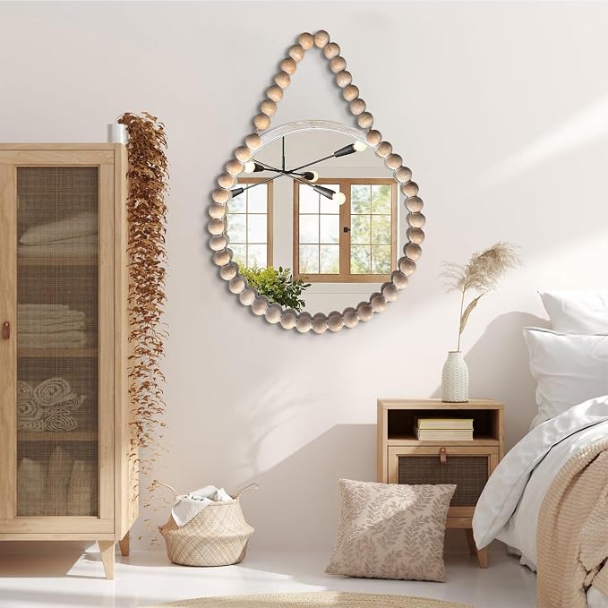 POZINO Wood Beaded Round Mirror, 24" Farmhouse Hanging Rustic Mirror with Rope, Spherical Frame Circle Wall Mirror for Bathroom Bedroom Living Room Hallway Entryway Fireplace
