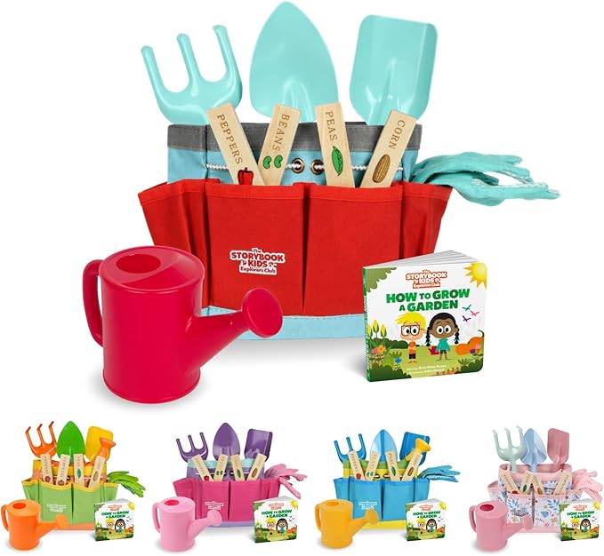 Kids Gardening Set – Toddler Gardening Kit Includes Watering Can for Kids, Shovel, Rake, Plant Stakes, Kids Gardening Gloves, Tote Bag & STEM Learning Gardening Guide Book - Garden Tool Set RED