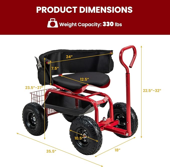 Byroce Rolling Garden Cart with Seat, Heavy Duty Wheelbarrow Utility Cart with Metal Frame, Swivel Seat, Tool Tray, Storage Basket & Adjustable Handle, Outdoor Garden Wagon Scooter for Yard (Red)