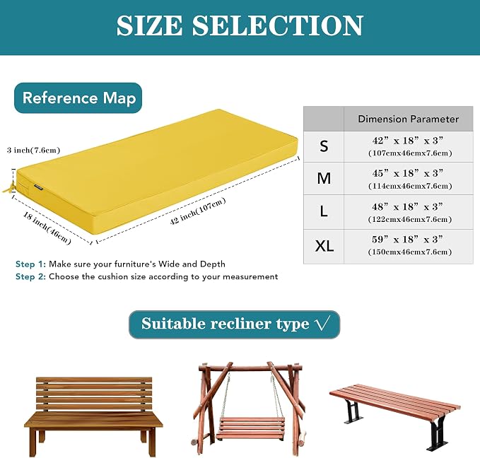 Outdoor Bench Cushion 42 x 18 Inch Thick Waterproof Porch Swing Cushions with Tie Patio Furniture Chair Cushion Bench Pad Color Fastness Backyard Seat Pads, Yellow