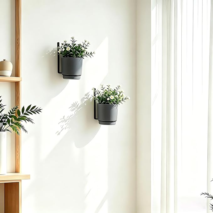 2 Pcs Wall Mounted Hanging Planter Vase for Indoor Outdoor Plants,Modern Metal Wall and Ceiling Hanging Flower Pot with Removable Flower Pot,Minimalist Decor for Herbs Succulents Flowers,4.3Inch,Grey