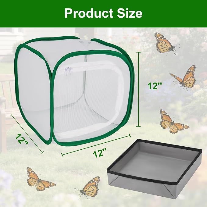 Butterfly Habitat Cage 12" x 12" x 12", Pop-up Butterfly & Insect Habitat Enclosure with Poop Tray for Easy to Clean, Small Foldable & Reusable Caterpillars Mesh Cage Terrarium for Indoor Use.