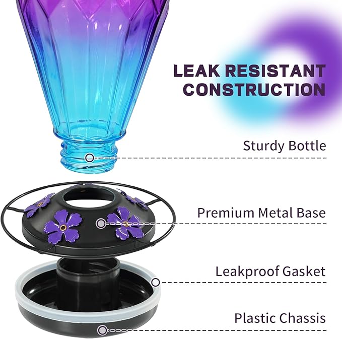 2 Pack Glass Hummingbird Feeder for Outdoors Hanging, 25Oz Humming Bird Nectar Feeder, Perch, 5 Flower Feeding Ports, Leak Proof Base, Hook for Outside Garden Backyard, Diamond Purple