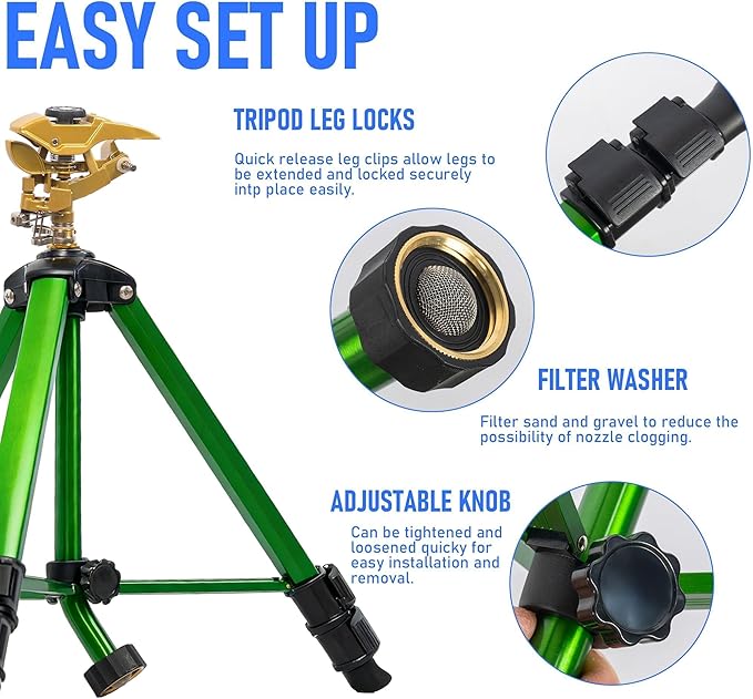 Hourleey Impact Sprinkler on Tripod, Rotating Water Sprinklers for Yard Lawn and Garden, Heavy Duty 360 Degree Irrigation Sprinkler with Zinc Head and 3/4" Connector for Outdoor