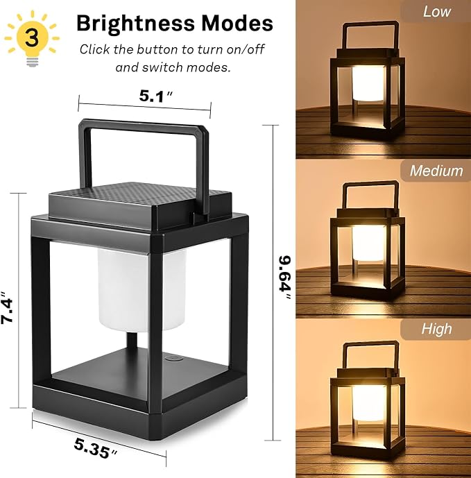 Solar Outdoor Table Lamp, Rechargeable Cordless Patio Light – Touch Control Portable LED Lantern, 3 Brightness Levels, 4800mAh, 50H Battery Life, Waterproof for Camping, Backyard, RV