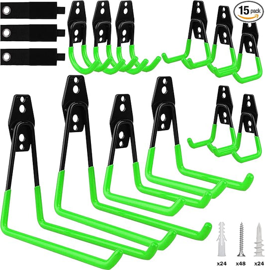 15-Piece Garage Wall Hooks with 3 Extension Straps, Green Heavy Duty Tool Storage Rack for Ladder, Bike, Shovel, Garden Tools, Metal Wall Mount Organizer Set