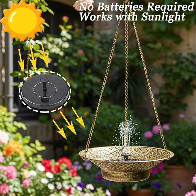 Hanging Solar Bird Bath for Outdoors, Metal Solar Powered Bird Bath Fountain, No Batteries Needed, 12.6" Hanging Bird Baths for Garden Patio Lawn Decor, Gold