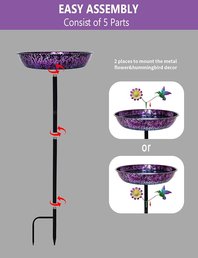 Bird Bath for Outside, 11 Inch Colorful Purple&Blue Metal Birdbath Bowl Decorated Hummingbird Flower Freestanding Garden Bird Bath Feeder Outdoor Decor Yard Art