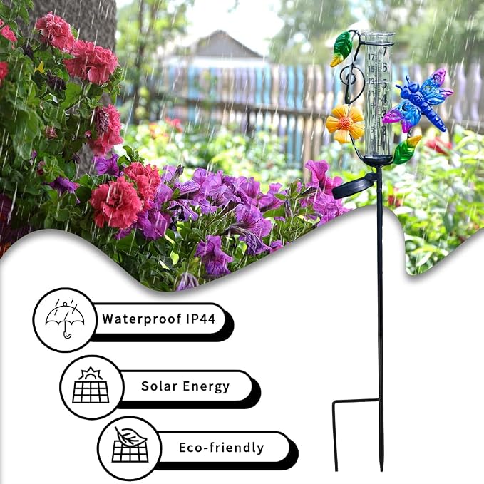 Rain Gauge Outdoor, Solar Rain Gauges for Yard, Dragonfly Freeze Proof Rain Gauge with 7" Plastic Tube, Metal Decorative Water Gauge with Led Light