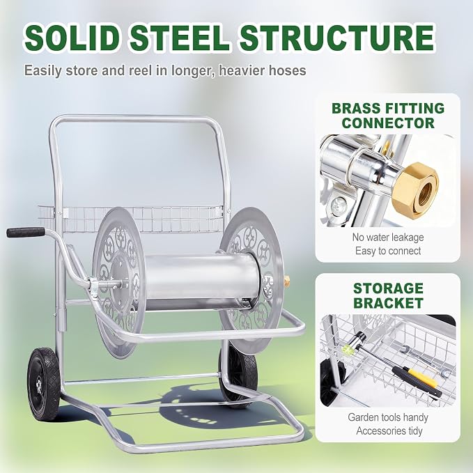 Outvita Garden Hose Reel Cart, Heavy Duty Water Hose Cart for Outside, Lawn Watering, for Garden, Yard, Lawn, Farm, Hold Up to 200 ft of 5/8’’ Hose, 2 PU Wheels, Storage Basket (Silver)