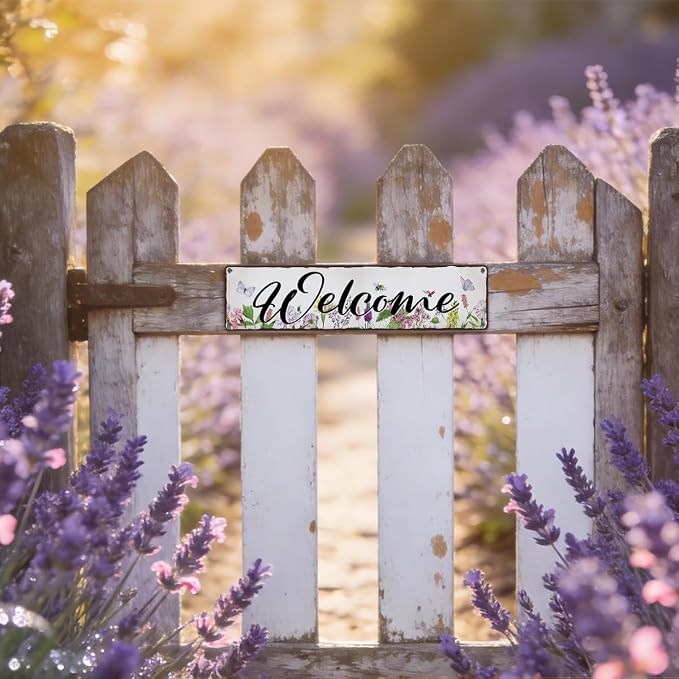 Garden Metal Tin Sign, Floral Watercolor Welcome Sign, Vintage Farmhouse Outdoor Wall Decor, for Porch Patio Fence Door Garden Entryway, Gift for Gardening Lover, 15.7 x 3.9 Inches
