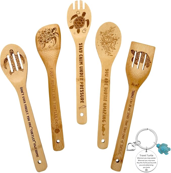 5Pcs Unique Sea Turtle Print Bamboo Spoon for Cooking - Wooden Spoons with Keychain Turtle Decor Kitchen Utensils Gifts for Women Mom Couple Wife Hostesses House Warming